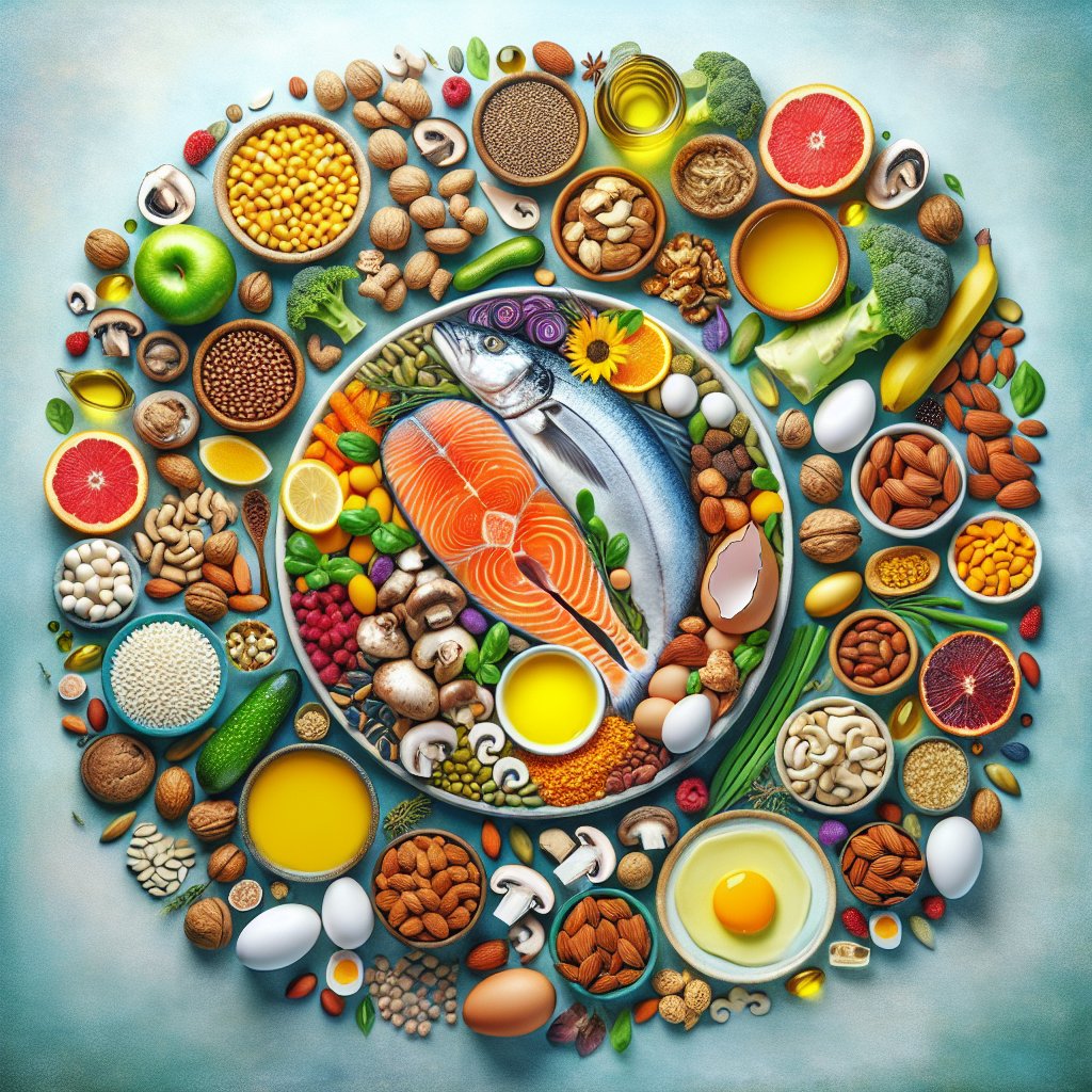 Assortment of colorful Omega-3 and Vitamin D rich foods on a vibrant plate