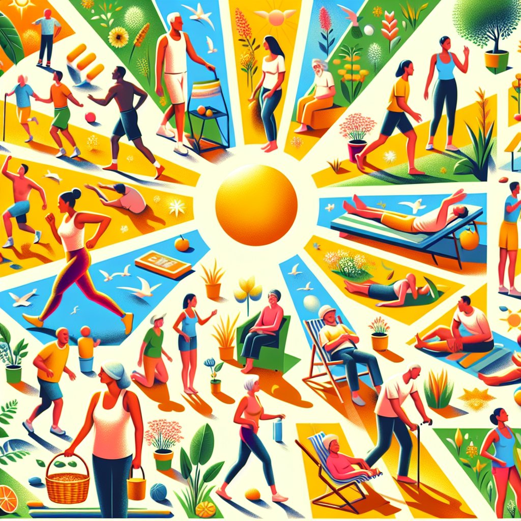 Illustration of a vibrant and healthy lifestyle promoting wellness and Vitamin D, featuring people engaged in outdoor activities under the bright sun.