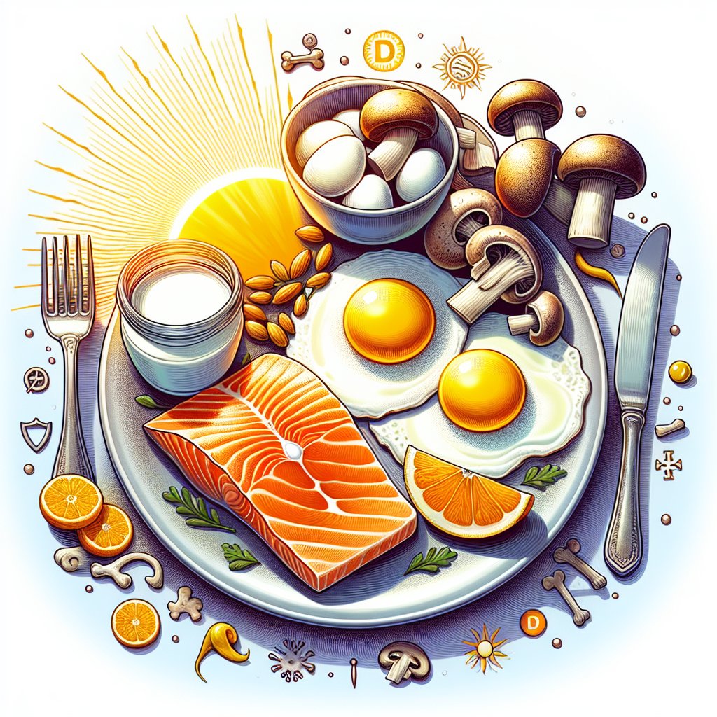 Assortment of Vitamin D-rich foods including grilled salmon, sunny-side-up eggs, fortified dairy products, and sun-kissed mushrooms on a plate