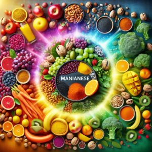Colorful assortment of manganese-rich foods including nuts, whole grains, leafy vegetables, and fruits, radiating energy and vitality