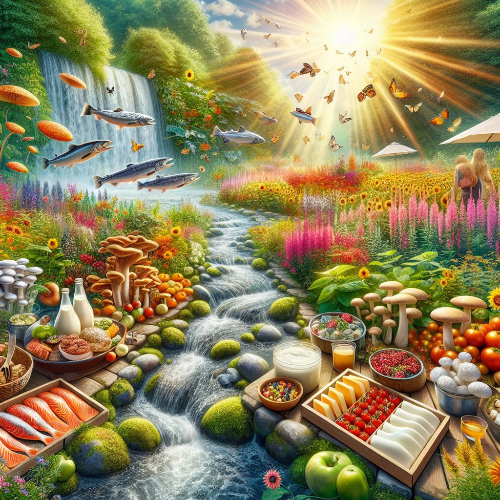 Sunlit garden with Vitamin D-rich foods such as salmon, dairy products, and mushrooms