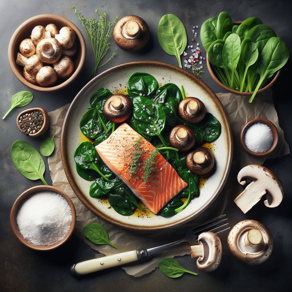 Grilled salmon, sautéed spinach, and portobello mushrooms, symbolizing vitality and nourishment