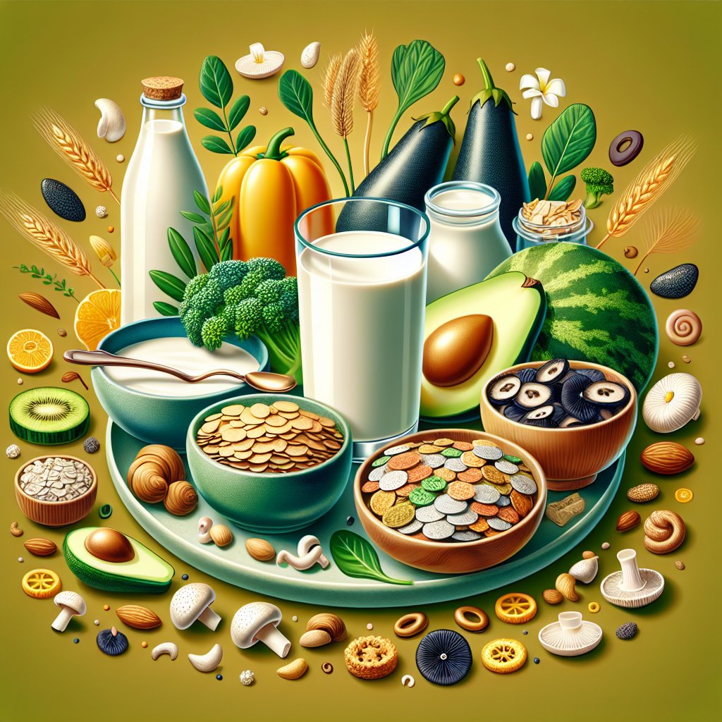 Colorful plate showcasing plant-based vitamin D sources such as fortified plant milks, cereals, and UV-exposed mushrooms for a vegetarian or vegan diet.