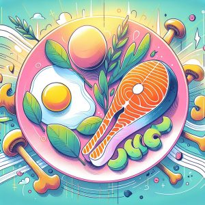 A plate of salmon, eggs, and mushrooms with a background hinting at bone health and wellness.