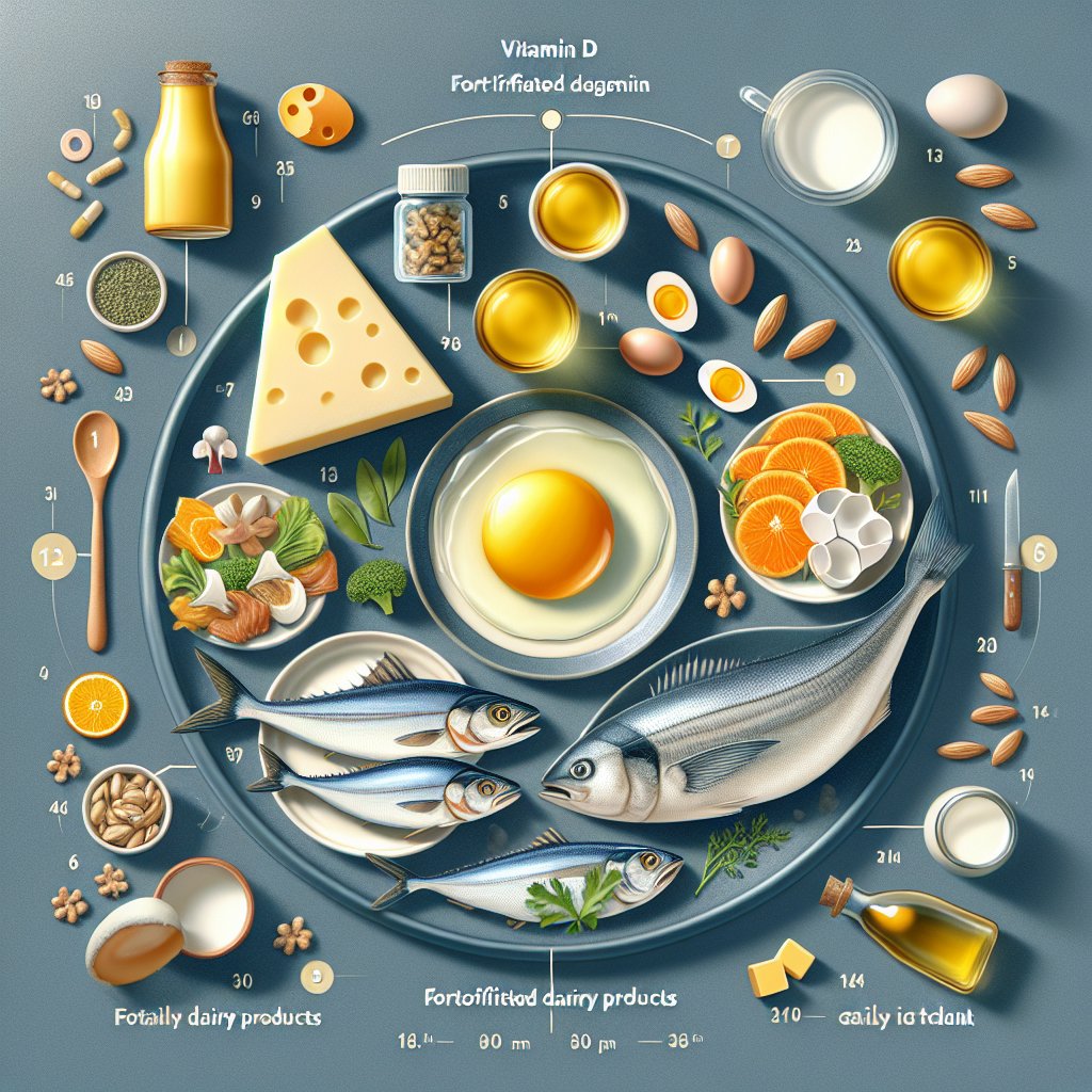 Assorted vitamin D-rich foods including fortified dairy products, fatty fish, and egg yolks on a colorful plate, representing the recommended daily intake for different age groups.