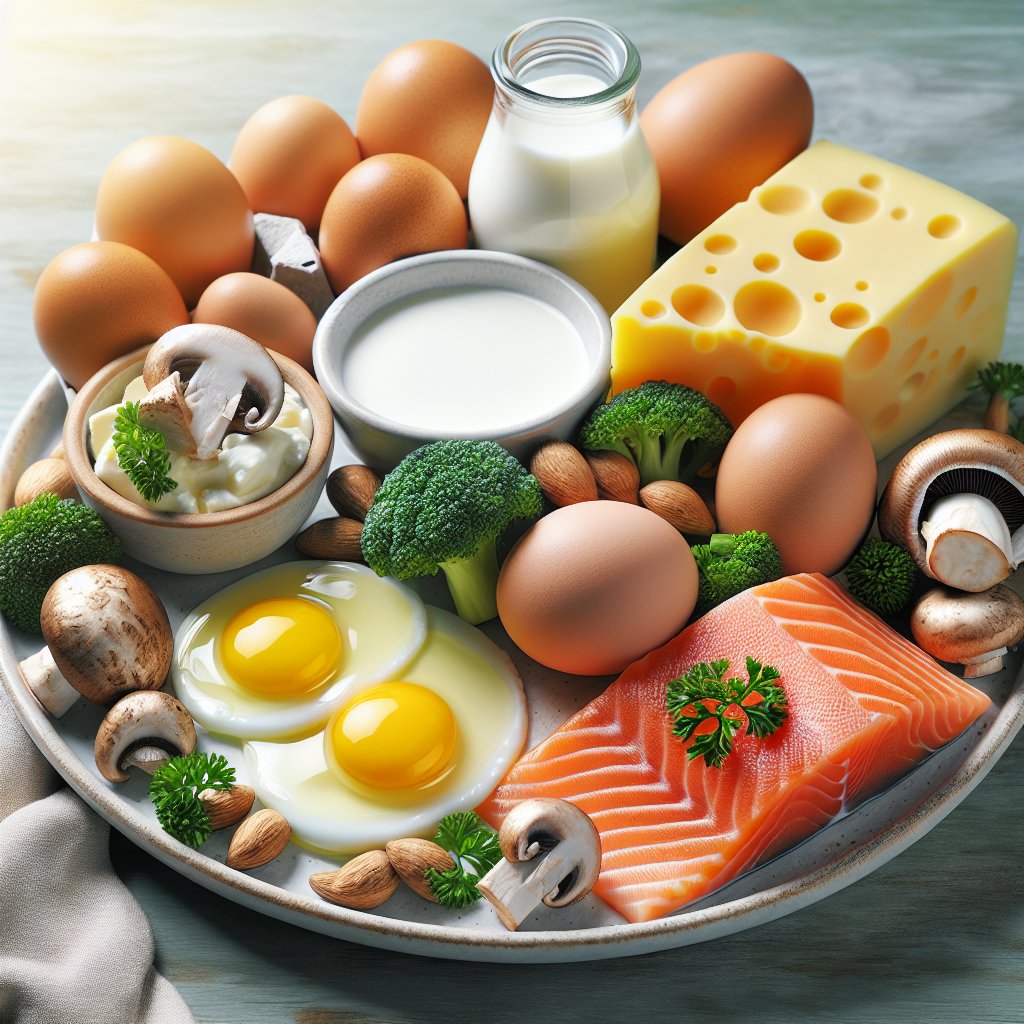 A plate with salmon, eggs, mushrooms, and fortified dairy products, rich in Vitamin D, showcasing their importance in preventing deficiency and potentially alleviating neuropathy symptoms.