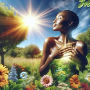 A person basking in sunlight, surrounded by nature, radiating health and vitality