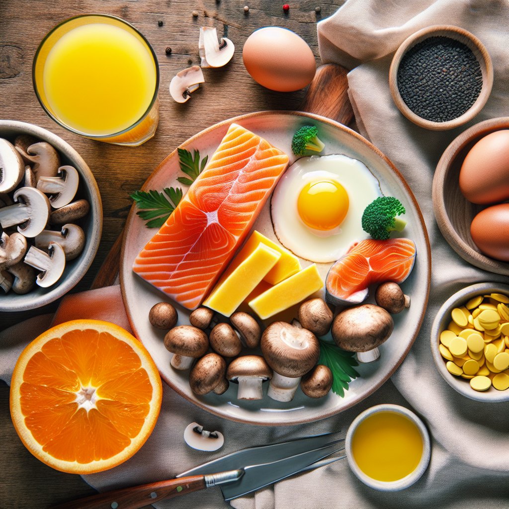 Salmon, eggs, mushrooms, and fortified orange juice arranged on a plate to showcase a variety of sources for obtaining vitamin D.