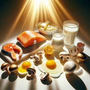Sunlit plate with salmon, eggs, mushrooms, and dairy products, emphasizing Vitamin D-rich foods and natural light