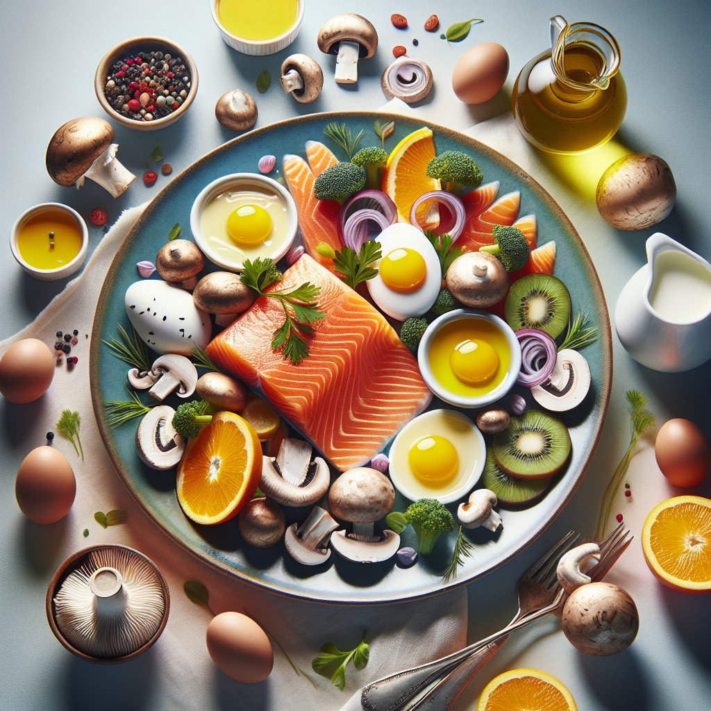 Vibrant plate with salmon, mushrooms, dairy, and egg yolks for eye health
