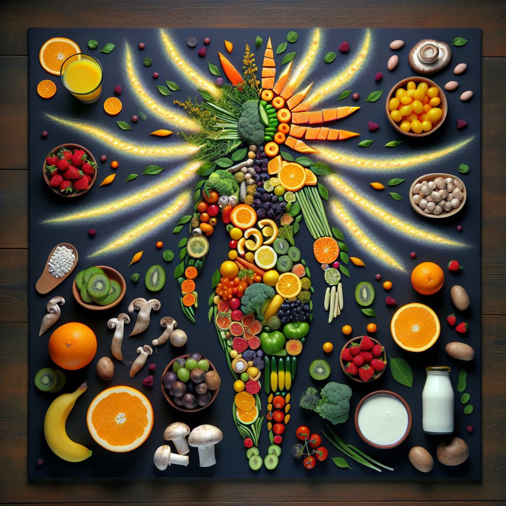 Silhouette of a human body with radiating sunburst made of colorful fruits and vegetables representing rich sources of vitamin D