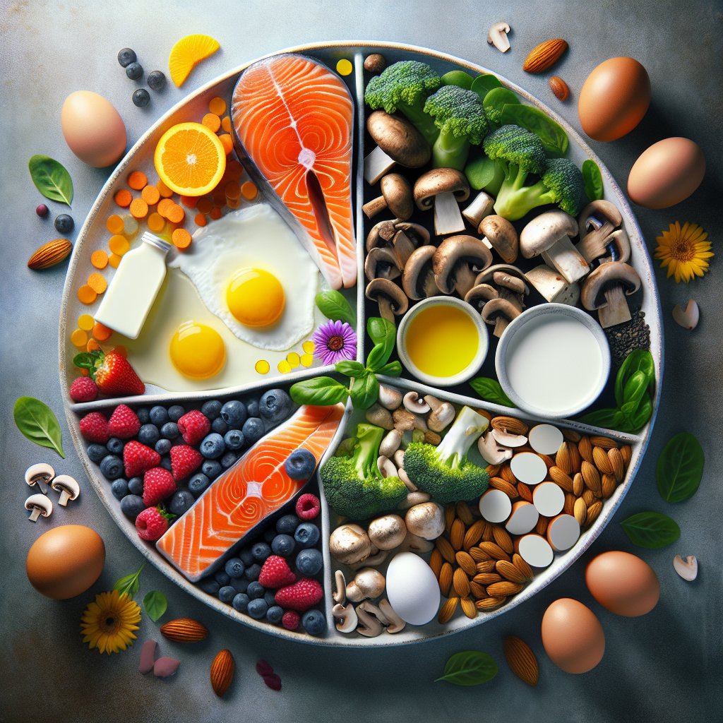 A beautifully arranged plate featuring Vitamin D and B12-rich foods such as salmon, eggs, mushrooms, and fortified dairy products, conveying balance and synergy between essential nutrients.