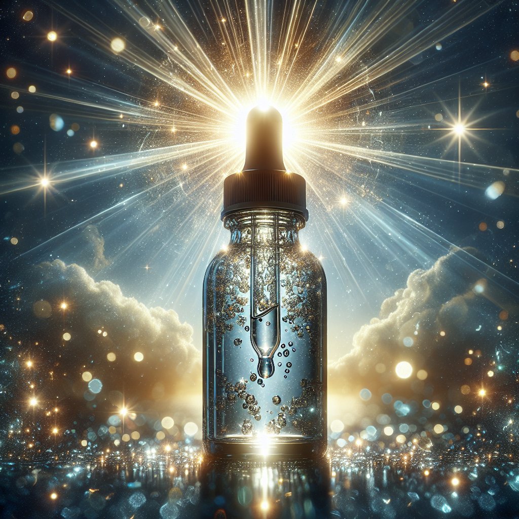 A clear dropper bottle filled with aqueous vitamin D oral drops against a backdrop of radiant sunshine, evoking a sense of vitality and health.