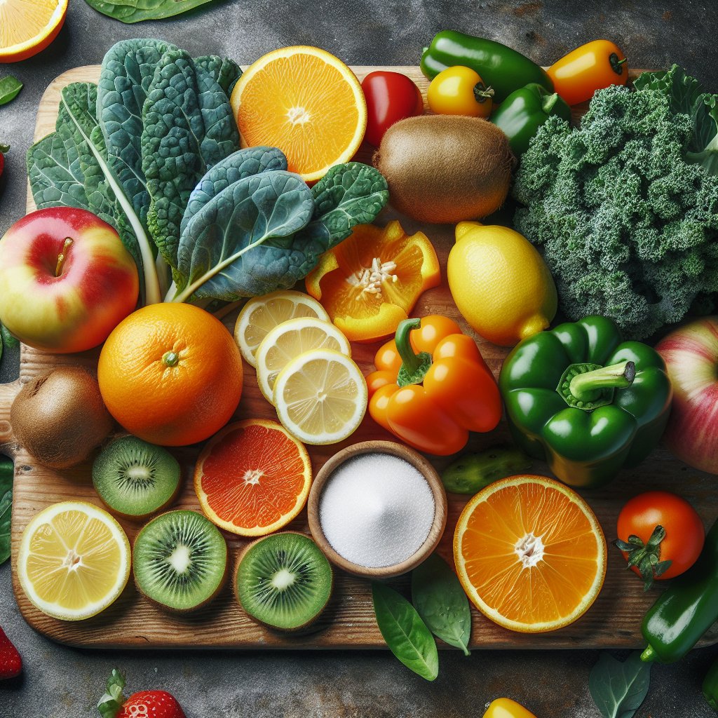 Assorted vitamin C-rich fruits and vegetables on a cutting board