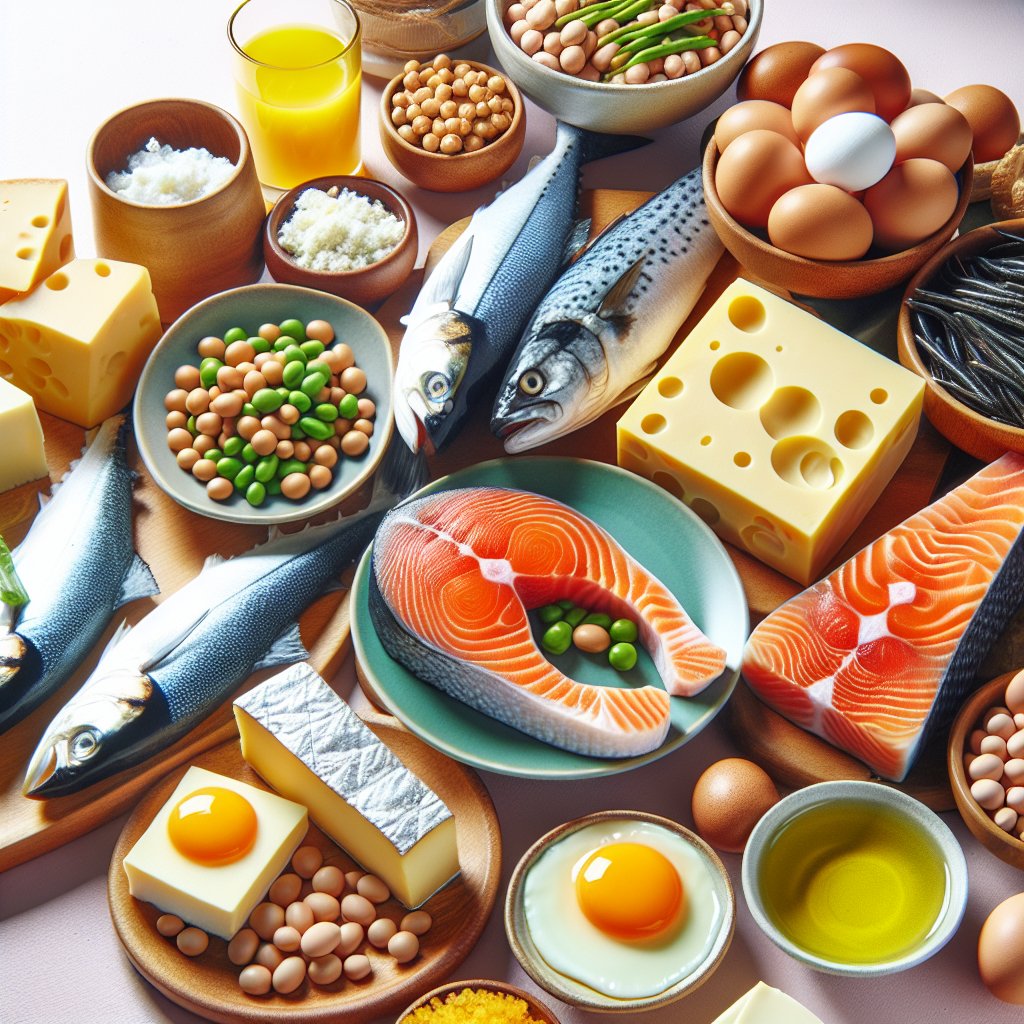Vibrant nutrient-rich spread featuring fatty fish, egg yolks, natto, and cheese for Vitamin D3 and K2