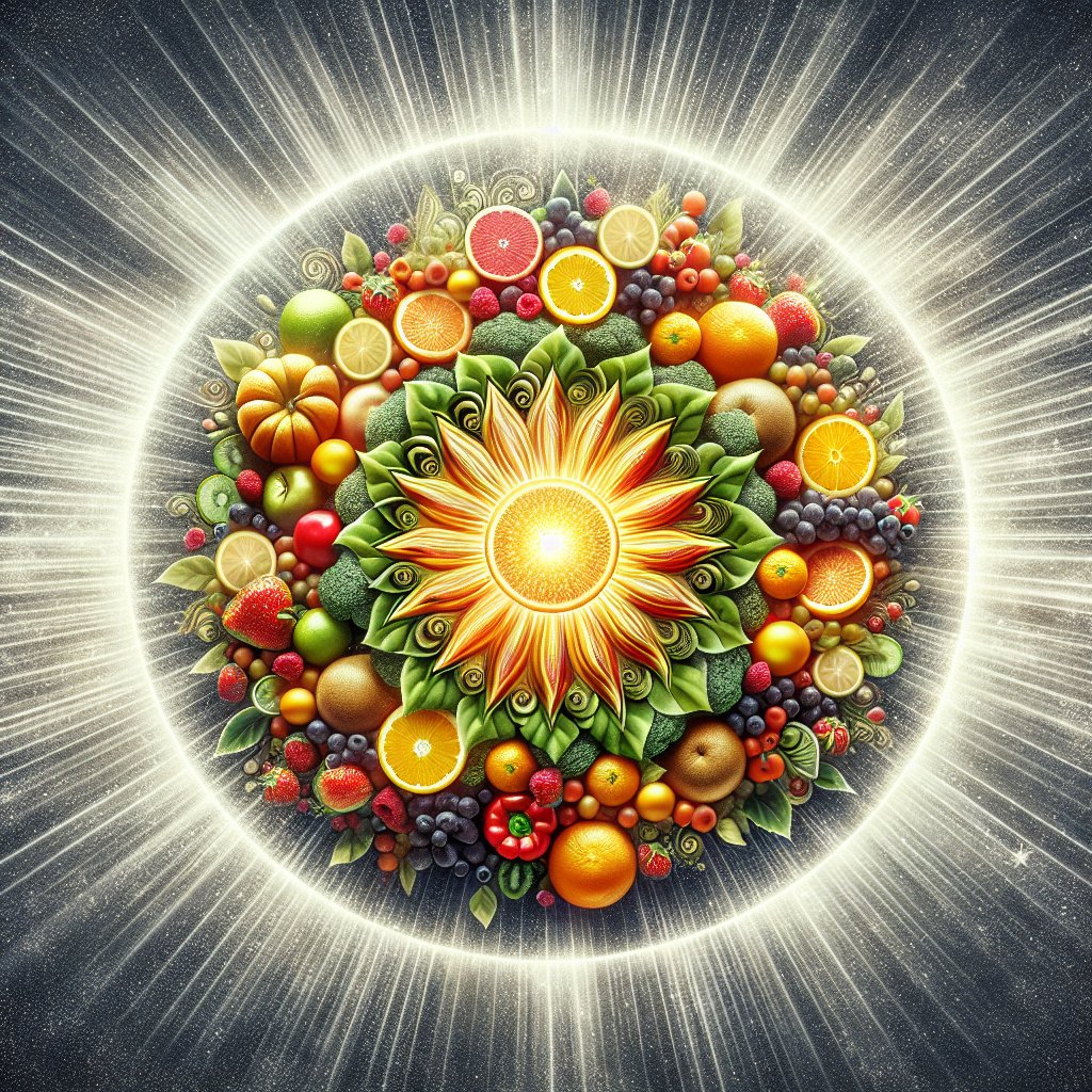 Vibrant sunburst made of various fruits and vegetables, surrounded by a glowing halo, symbolizing the radiance and energy associated with Vitamin D and its positive impact on overall health and well-being.