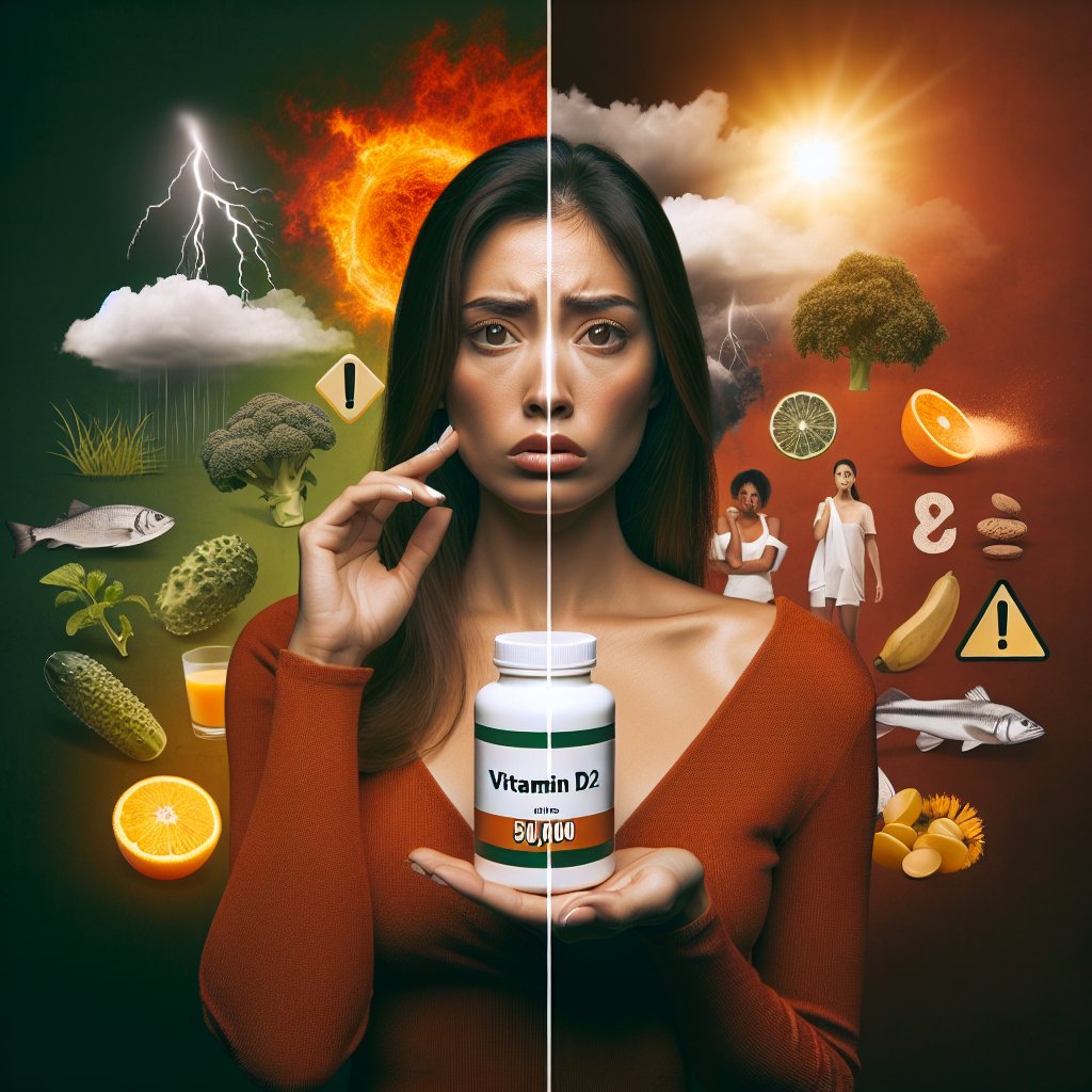 Person holding a bottle of Vitamin D2 50,000 units, with split background displaying potential risks and side effects on one side and benefits and optimal health on the other, conveying the importance of understanding the risks and benefits associated with intake.