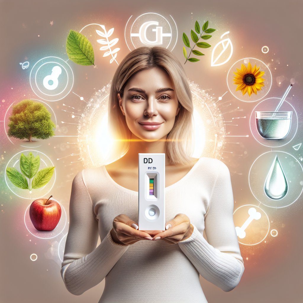 Person holding a vitamin D rapid test kit surrounded by health and wellness symbols