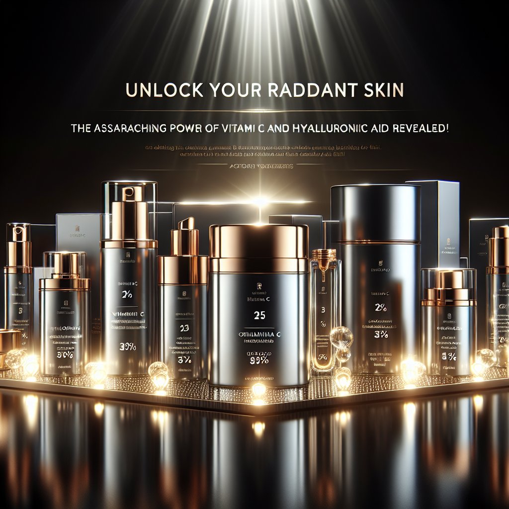 Luxurious skincare products featuring high-quality vitamin C and hyaluronic acid, symbolizing radiance and efficacy.