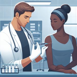 Healthcare professional administering Vitamin C injection in a well-lit clinical setting