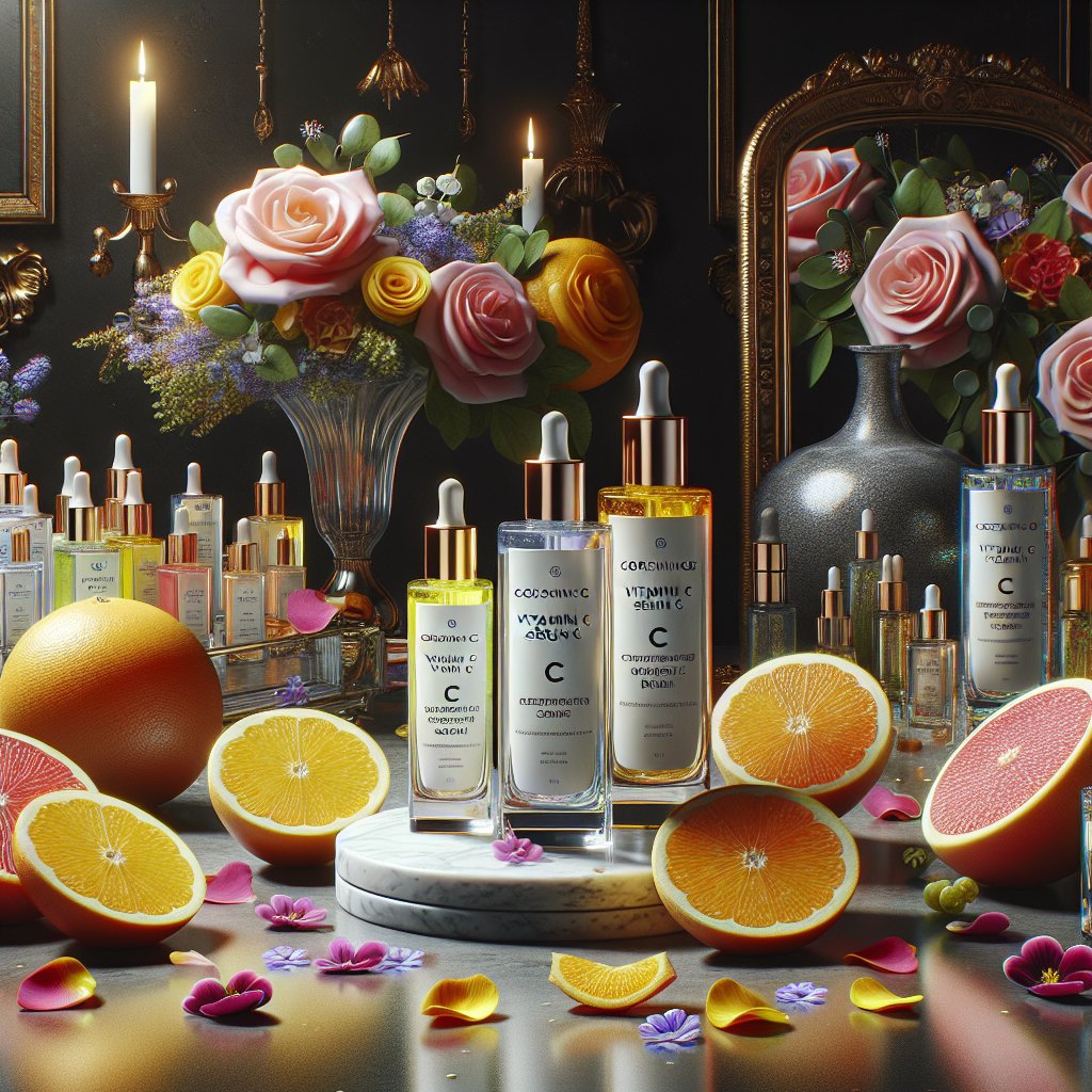 Three elegant vitamin C serum bottles surrounded by vibrant citrus fruits and colorful flower petals on a luxurious vanity table.