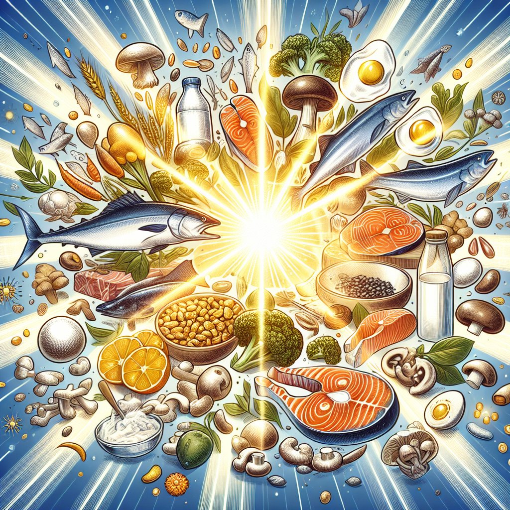 Assortment of natural sources of vitamin D3 such as fish, egg yolks, mushrooms, and fortified dairy products, alongside an illustration of sunlight exposure to highlight the interplay in the synthesis of vitamin D.