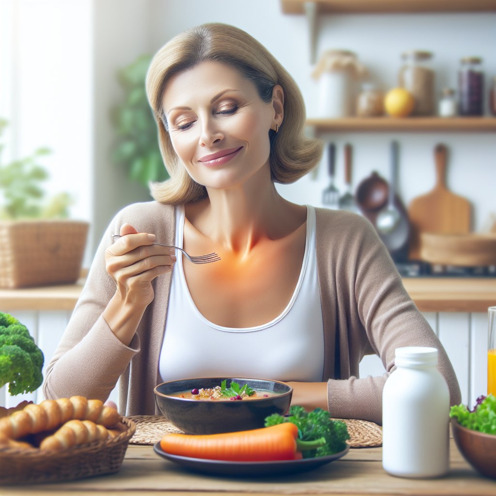 Person feeling relieved and enjoying a meal after vitamin D supplementation