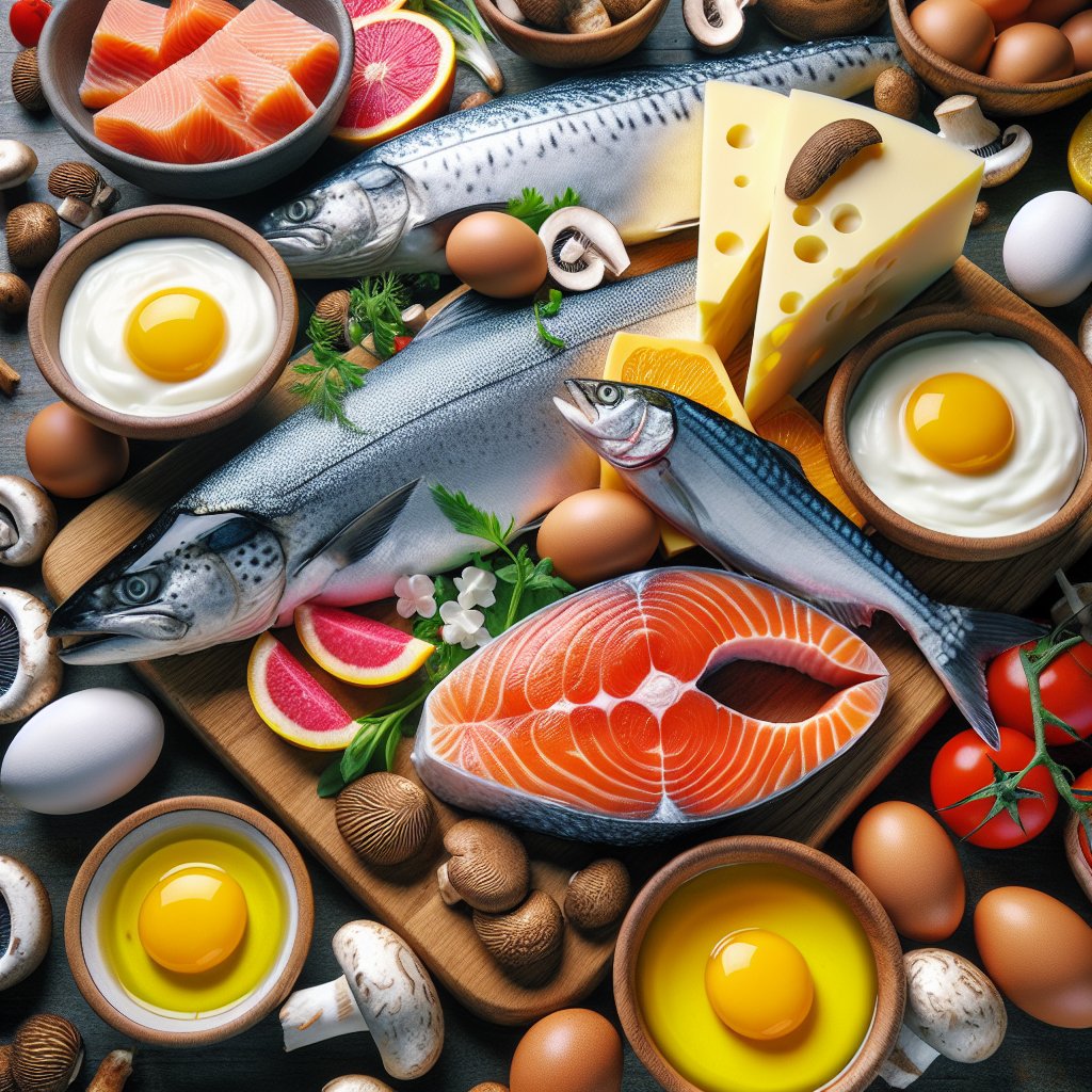 Assorted vitamin D-rich foods including salmon, mackerel, egg yolks, dairy products, and mushrooms