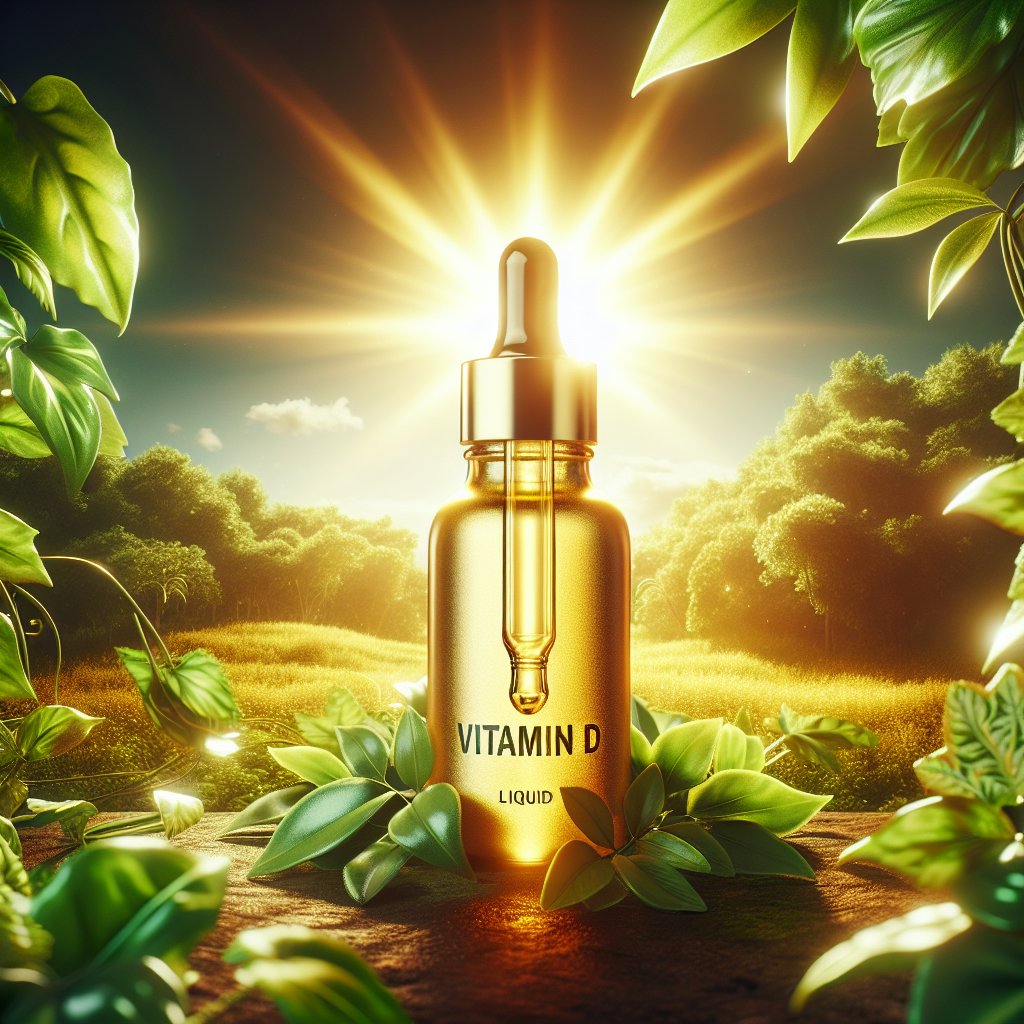 Radiant golden-hued Vitamin D liquid dropper bottle with sunshine and nature backdrop