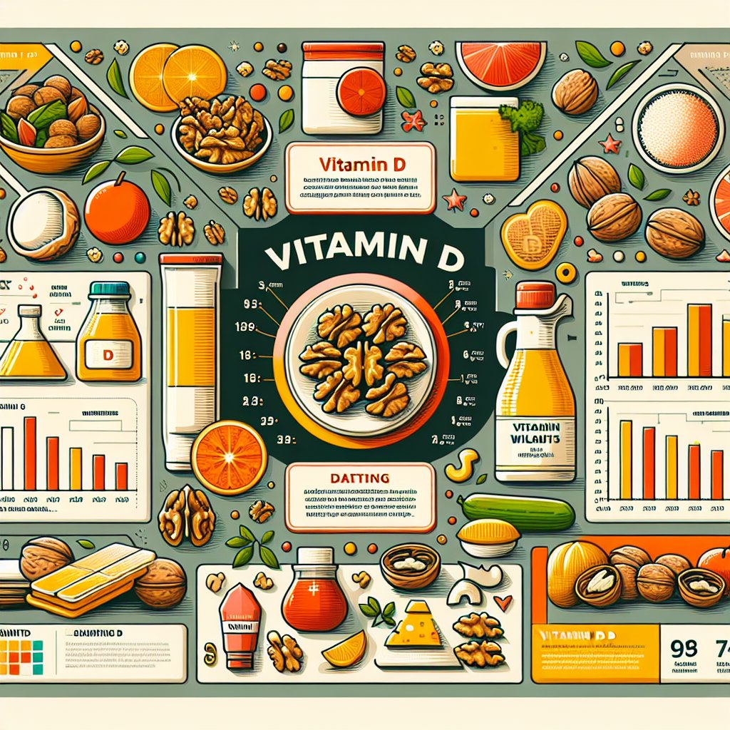 Various Vitamin D-rich foods arranged in a visually appealing manner with clear labels and visual representations of Vitamin D levels, showcasing the surprising truth about walnuts as a Vitamin D-rich food.