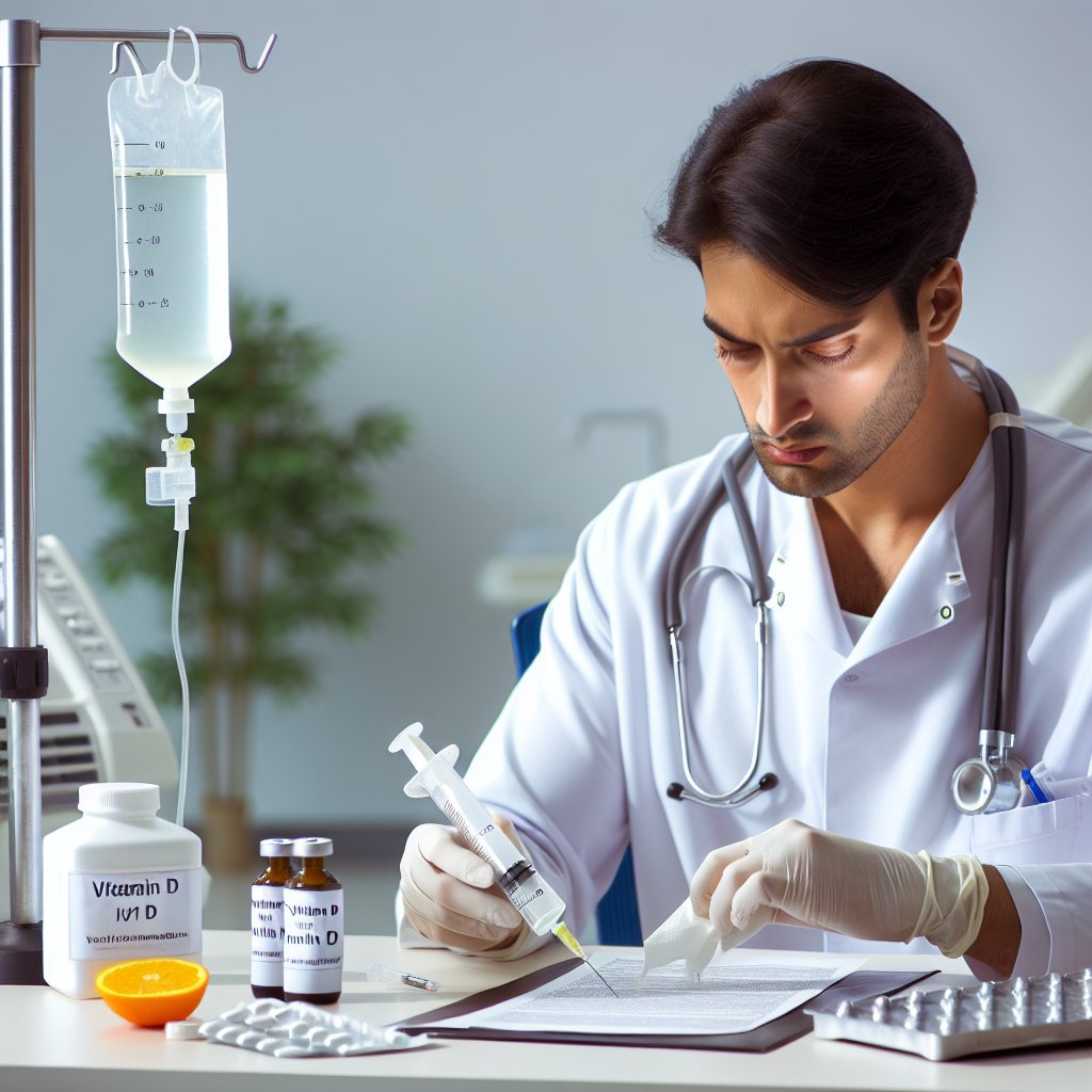 Healthcare professional preparing and administering Vitamin D infusion in a sterile environment
