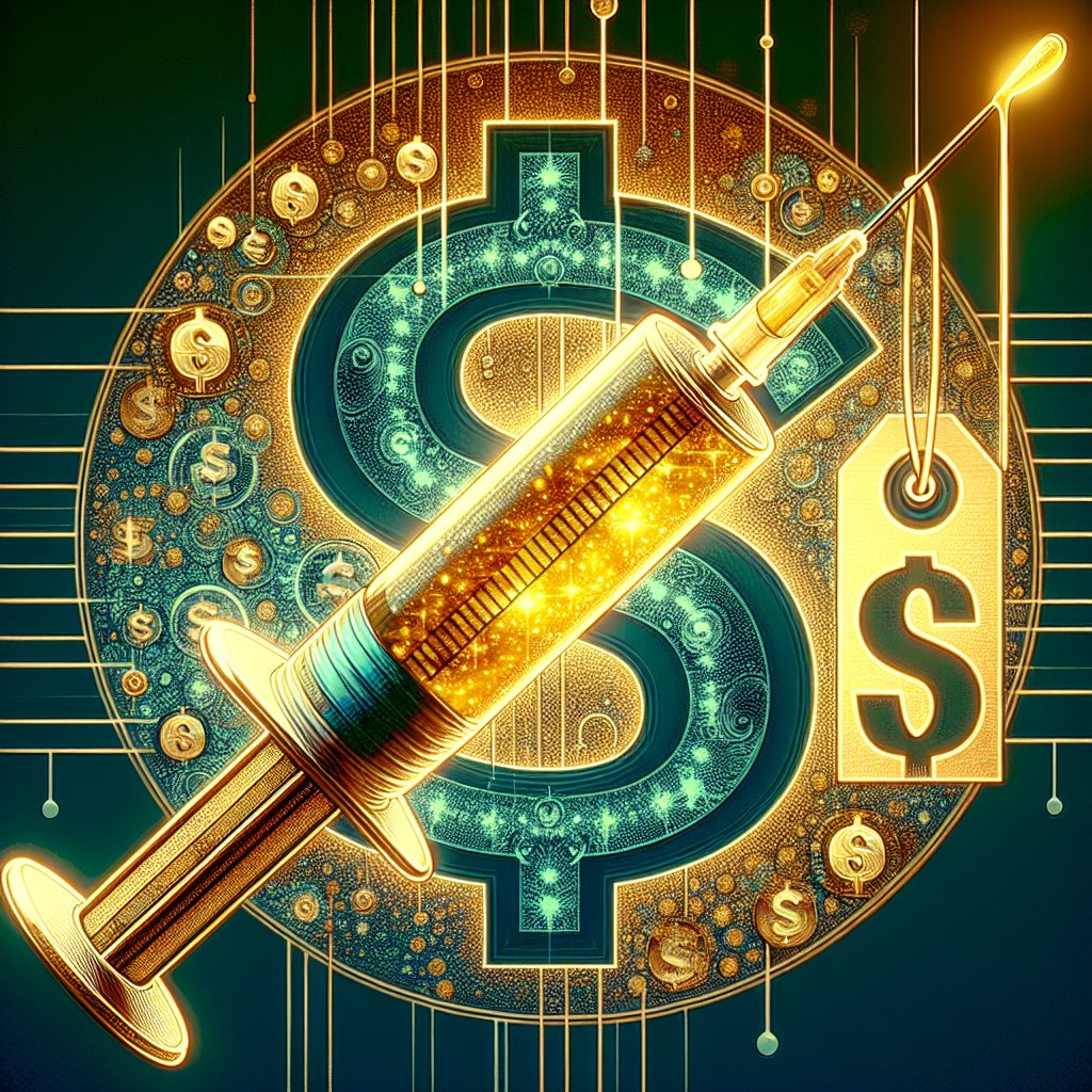 Transparent syringe with glowing golden liquid and price tag, medical symbols and dollar signs in background