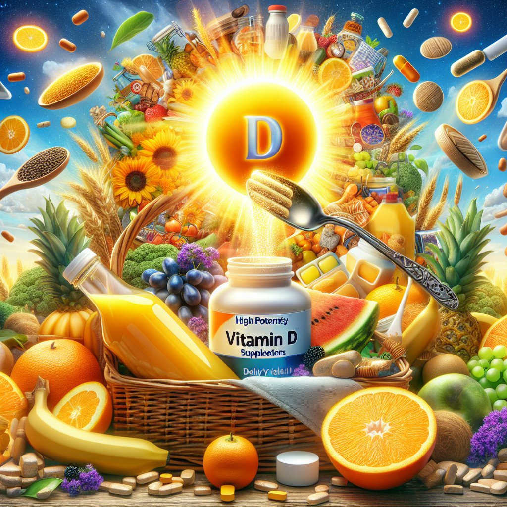 Assorted high potency vitamin D sources including sunlight, fortified foods, and supplements promoting vitality and wellness.