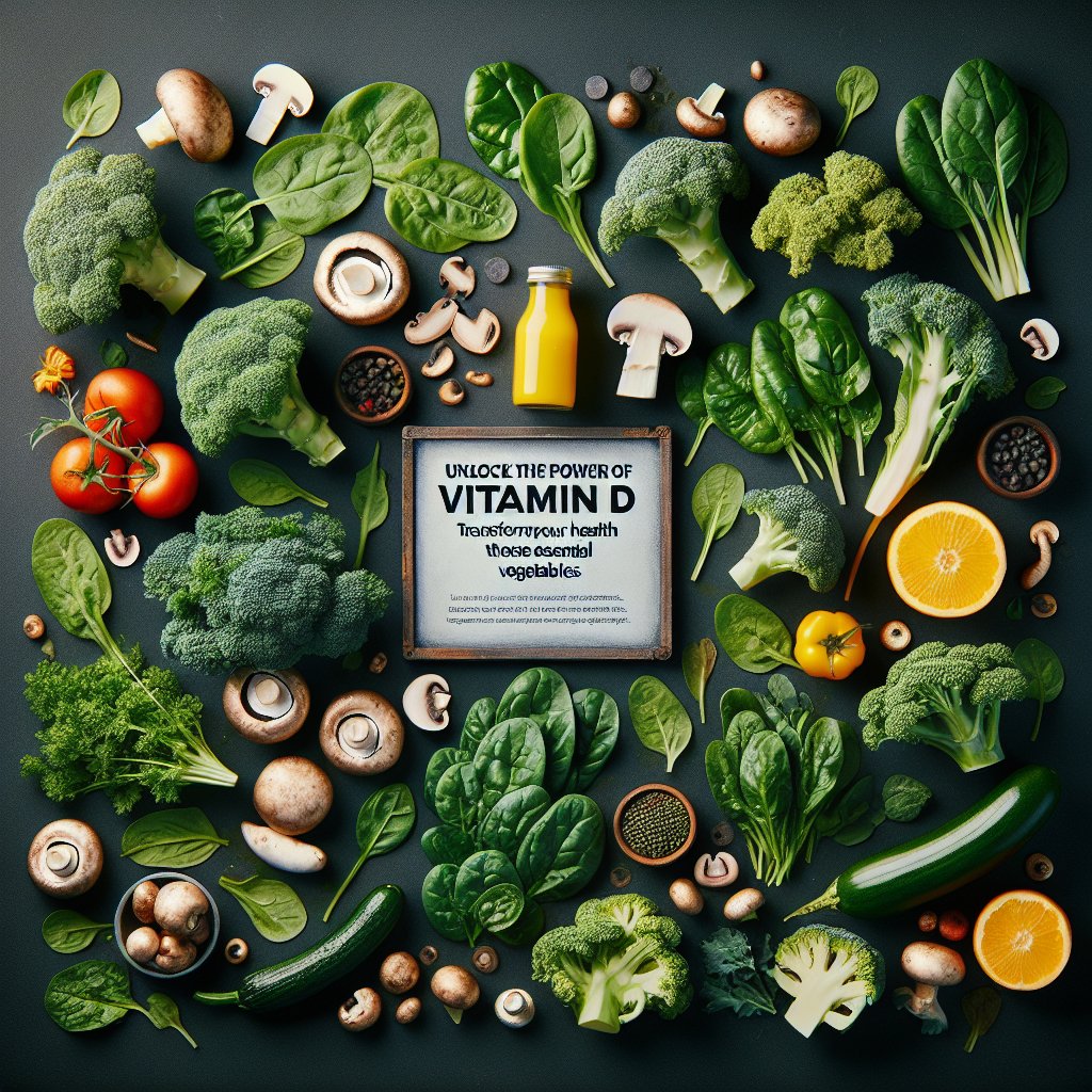 An assortment of vitamin D-rich vegetables including mushrooms, spinach, kale, and broccoli displayed in an enticing and visually appealing manner.