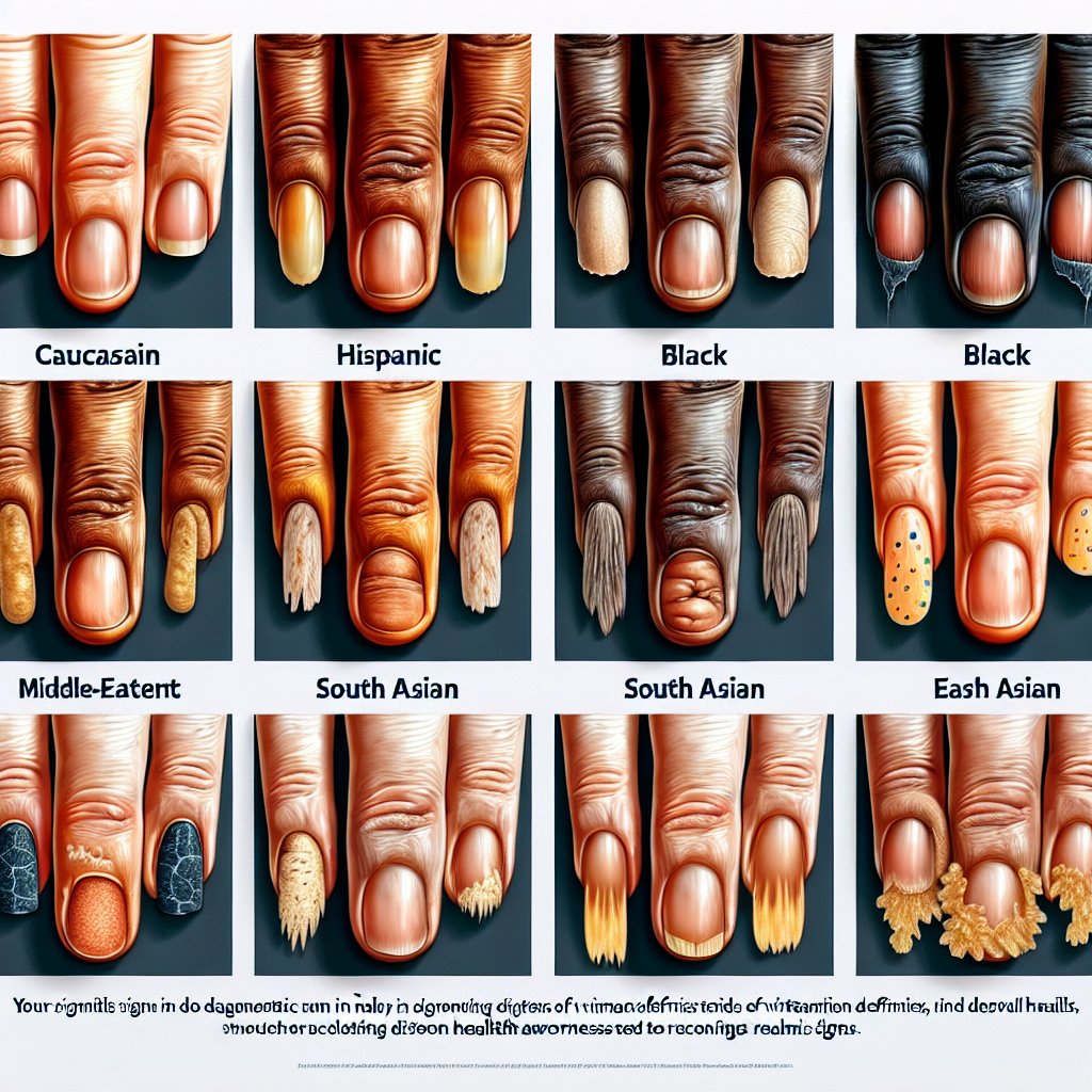 Fingernails exhibiting signs of vitamin deficiencies such as brittleness, koilonychia, and pitting.
