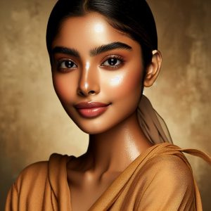 Model with flawless complexion exuding a natural healthy glow