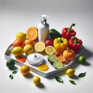 Assortment of citrus fruits and colorful bell peppers on skincare tray