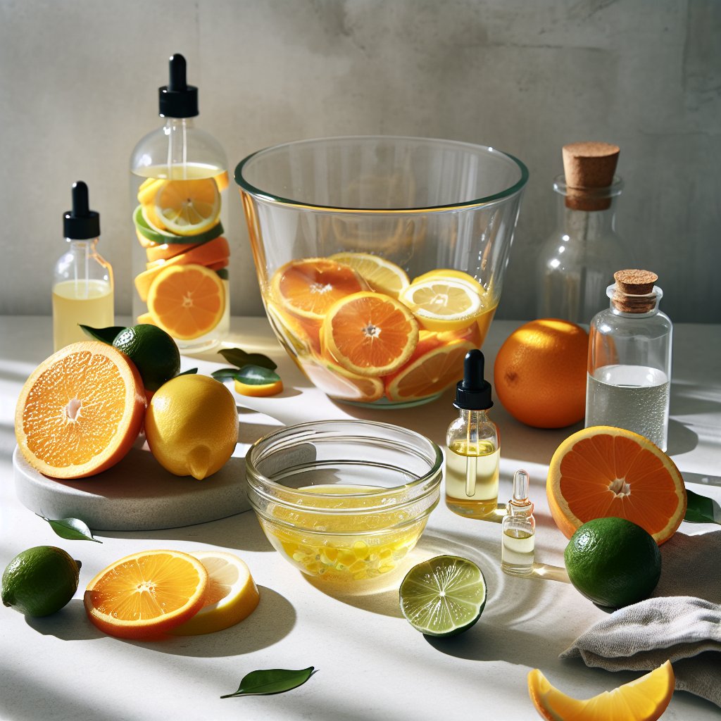 Fresh citrus fruits, vitamin E oil, and distilled water being mixed in a glass container, illuminated by natural light.