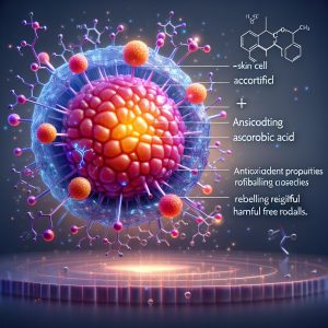 Radiant skin cell adorned with vibrant colors, surrounded by protective shields, representing the power of ethyl ascorbic acid in skincare.