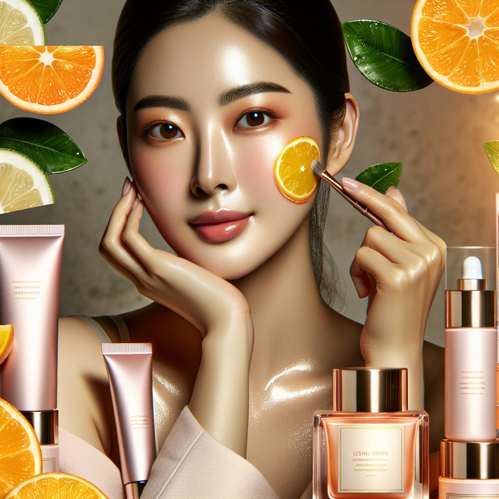 A woman with radiant, glowing skin applies Glytone Vitamin C products as part of her daily skincare routine, showcasing luxurious packaging and vibrant citrus-infused formulations.