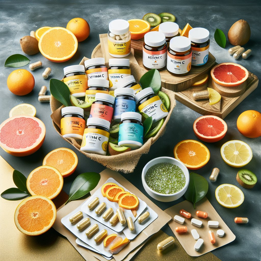 Assorted keto-friendly vitamin C supplements surrounded by citrus fruits on a modern surface
