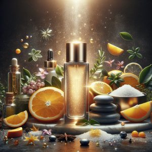 Facial serum surrounded by vibrant, nourishing ingredients such as ripe citrus fruits, exotic botanical extracts, and the shimmering essence of the Dead Sea.