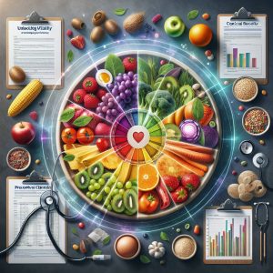 Colorful plate of fruits, vegetables, lean proteins, and whole grains surrounded by clinical test results and medical equipment symbolizing the integration of preventive healthcare and medical science.