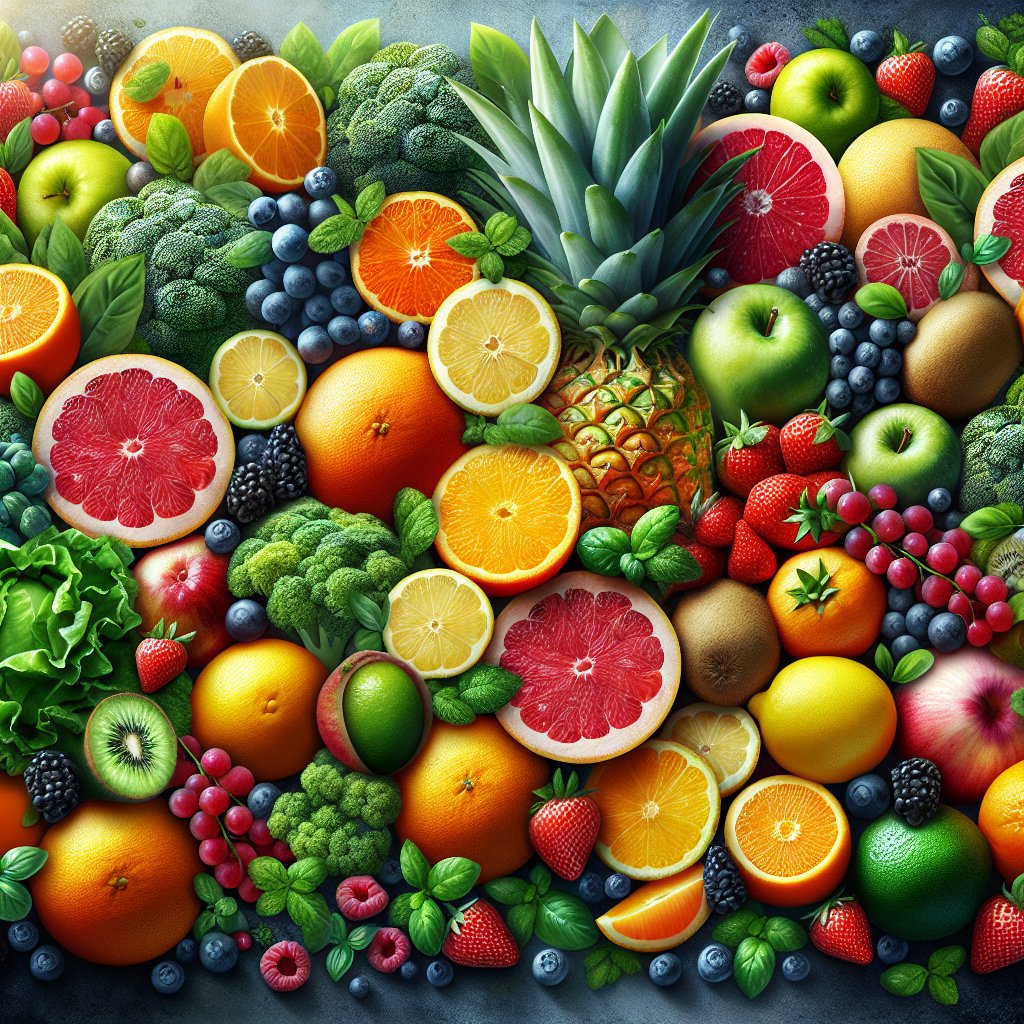 Assorted organic vitamin C-rich fruits and vegetables in a colorful array