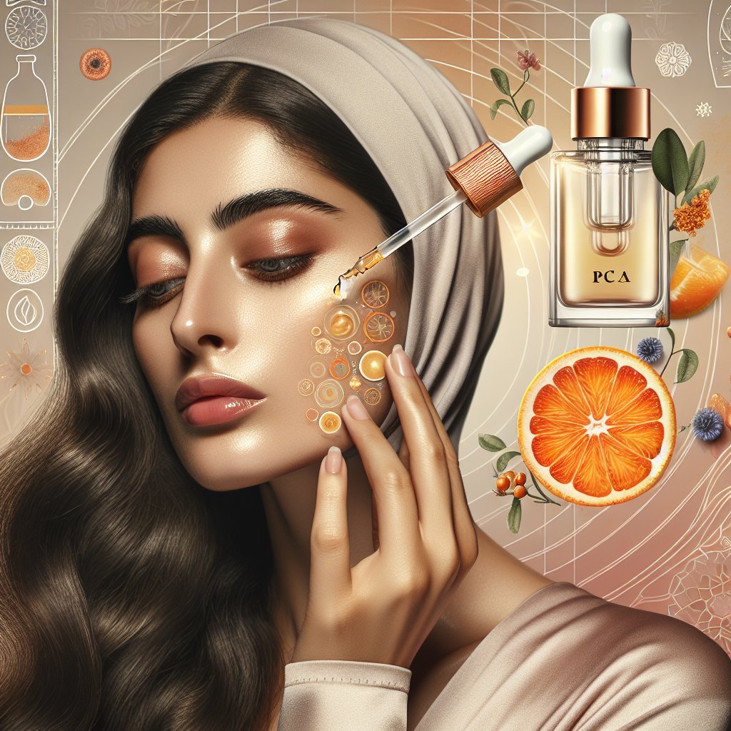 Woman applying luxurious serum with PCA and Vitamin C, surrounded by fresh citrus fruits and botanical extracts