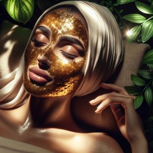 Woman applying luxurious Dead Sea minerals and vitamin C complex face mask in a serene spa environment surrounded by nature