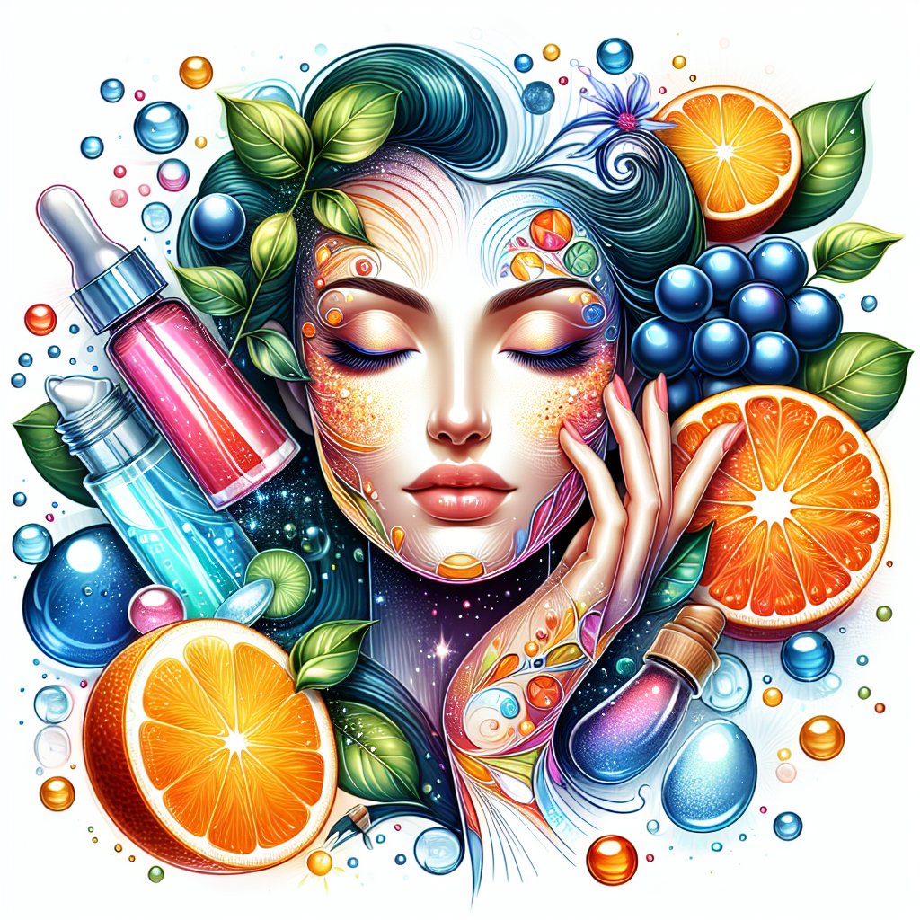 Illustration of vibrant, radiant skin, incorporating plant-based motifs to symbolize natural skincare, featuring niacinamide and vitamin C as prominent elements in skincare routines.
