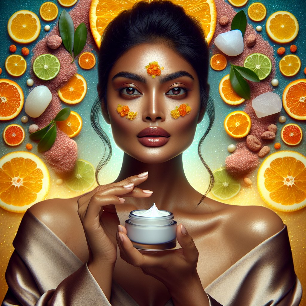 Woman applying luxurious skincare product filled with dead sea minerals and vitamin C-rich fruits, surrounded by a halo of vibrant minerals