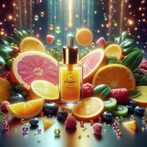 Vibrant skincare routine with vitamin C serum, fresh citrus fruits, and colorful antioxidants