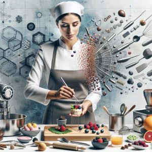 Skilled sweet chef meticulously crafting an intricate dessert masterpiece surrounded by high-quality ingredients and specialized tools.